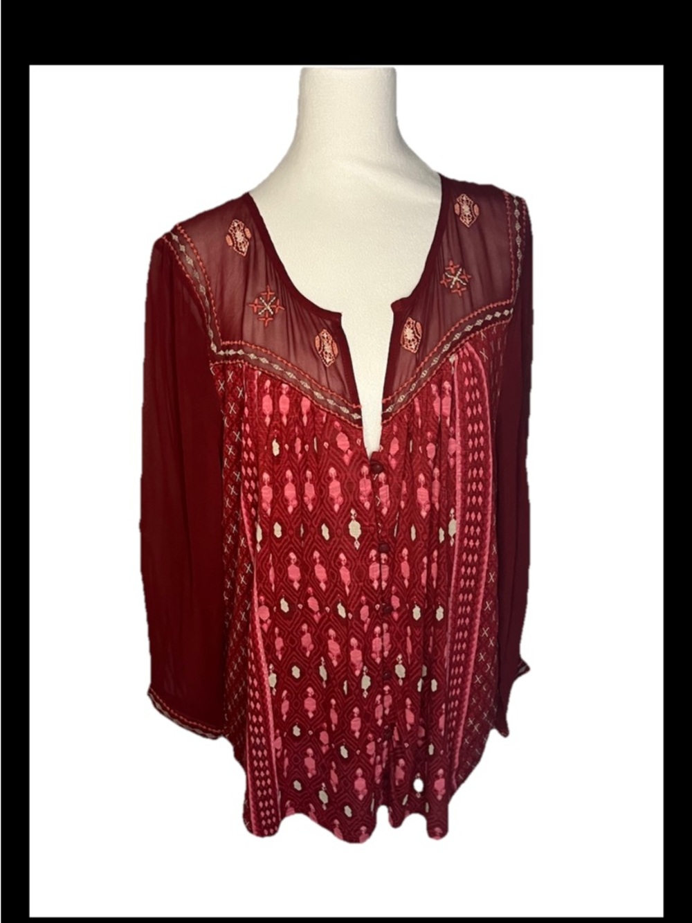 Lucky Brand Boho Print Embroidered Button Front Top Wine XL
